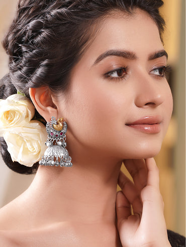 Oxidised Silver Tone Brass Pink Kundan Peacock Ghungroo Jhumka Earrings