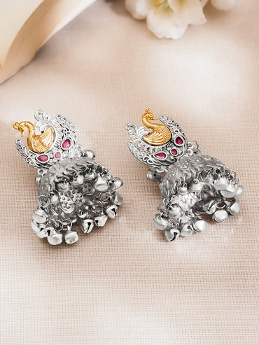 Oxidised Silver Tone Brass Pink Kundan Peacock Ghungroo Jhumka Earrings