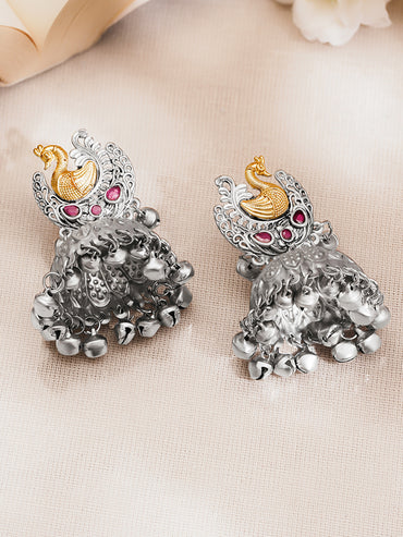 Oxidised Silver Tone Brass Pink Kundan Peacock Ghungroo Jhumka Earrings