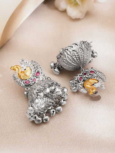 Oxidised Silver Tone Brass Pink Kundan Peacock Ghungroo Jhumka Earrings