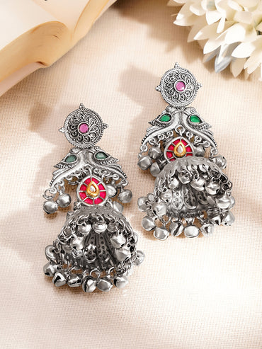 Oxidised Peacock Motif Ghungroo Drop Dangler Jhumkas
