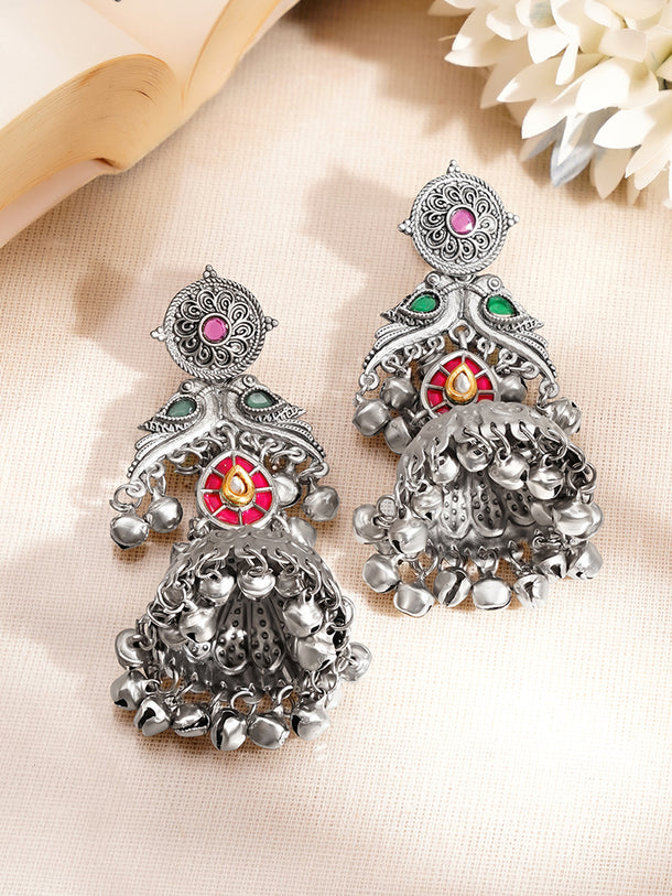 Oxidised Peacock Motif Ghungroo Drop Dangler Jhumkas
