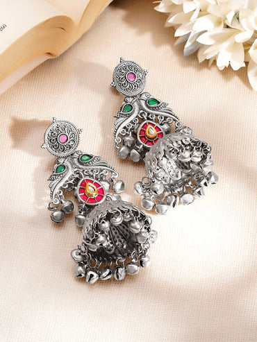 Oxidised Peacock Motif Ghungroo Drop Dangler Jhumkas