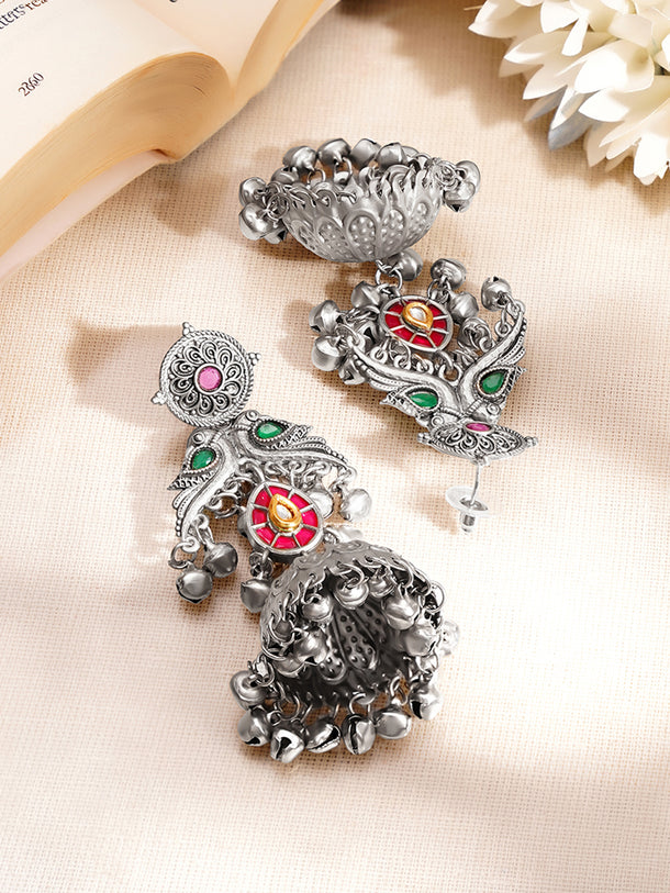Oxidised Peacock Motif Ghungroo Drop Dangler Jhumkas