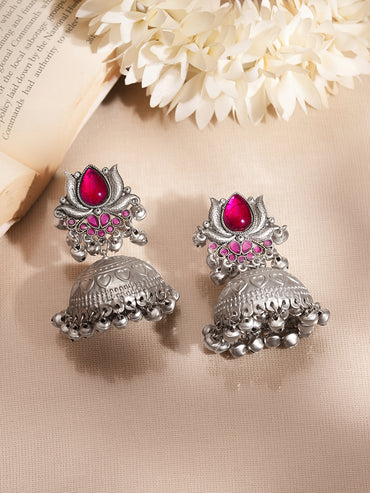 Oxidised Lotus Ruby Charm Jhumka Earrings