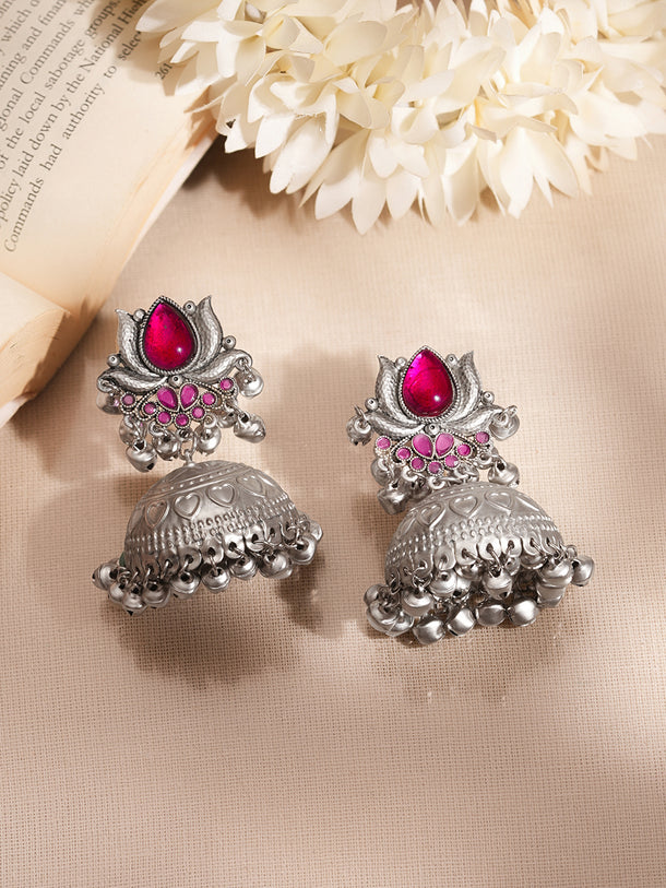Oxidised Lotus Ruby Charm Jhumka Earrings