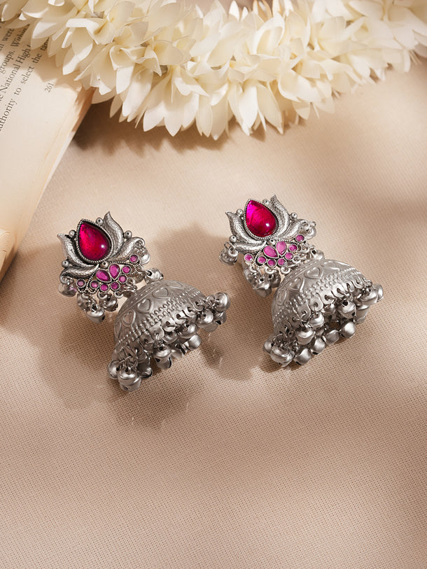 Oxidised Lotus Ruby Charm Jhumka Earrings