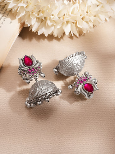 Oxidised Lotus Ruby Charm Jhumka Earrings