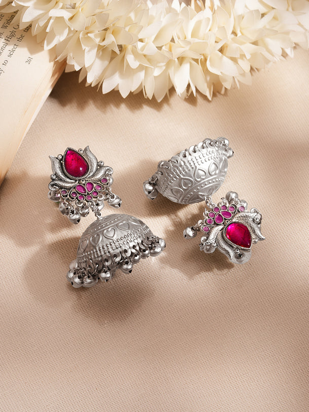 Oxidised Lotus Ruby Charm Jhumka Earrings