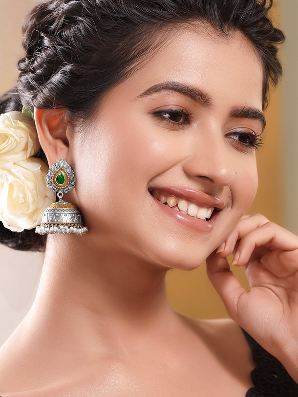 Oxidised Silver Tone Brass Green Detail Dome Pearl Jhumka Earrings