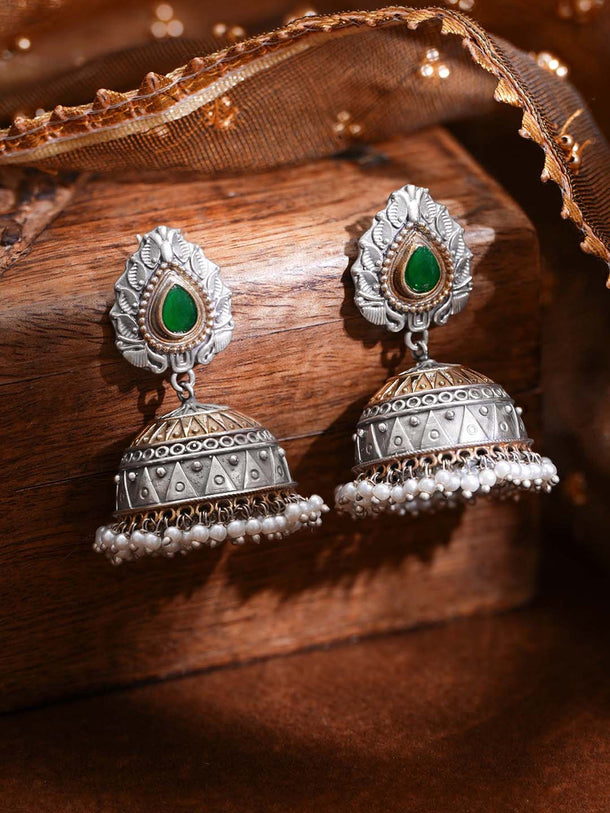 Oxidised Silver Tone Brass Green Detail Dome Pearl Jhumka Earrings
