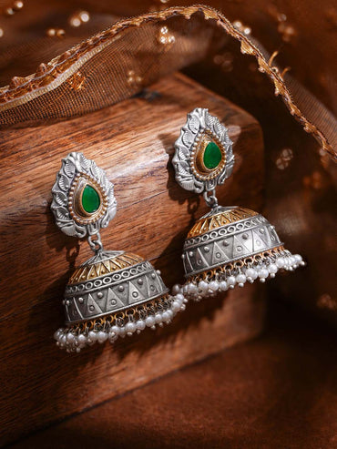 Oxidised Silver Tone Brass Green Detail Dome Pearl Jhumka Earrings