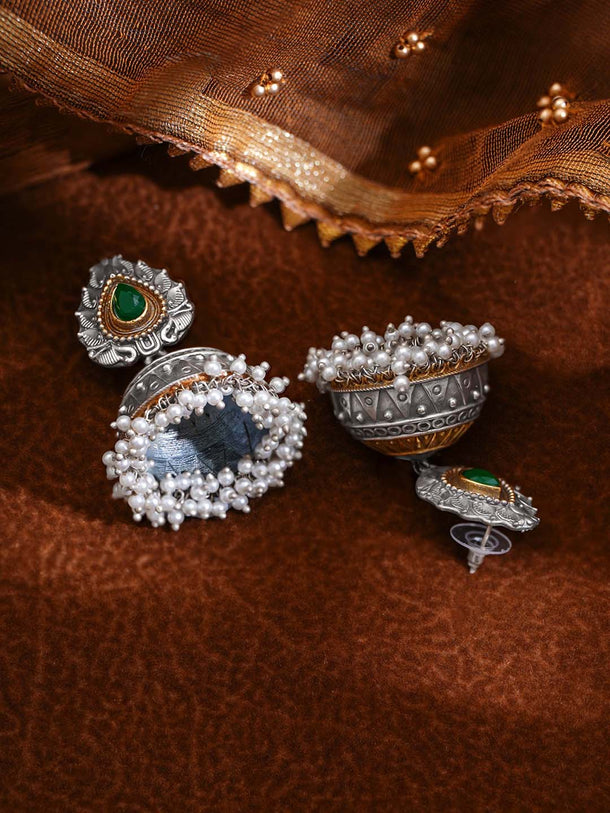 Oxidised Silver Tone Brass Green Detail Dome Pearl Jhumka Earrings
