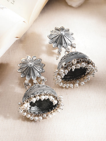 Oxidised Brass Floral Jhumka Earrings with White Pearl Hangings