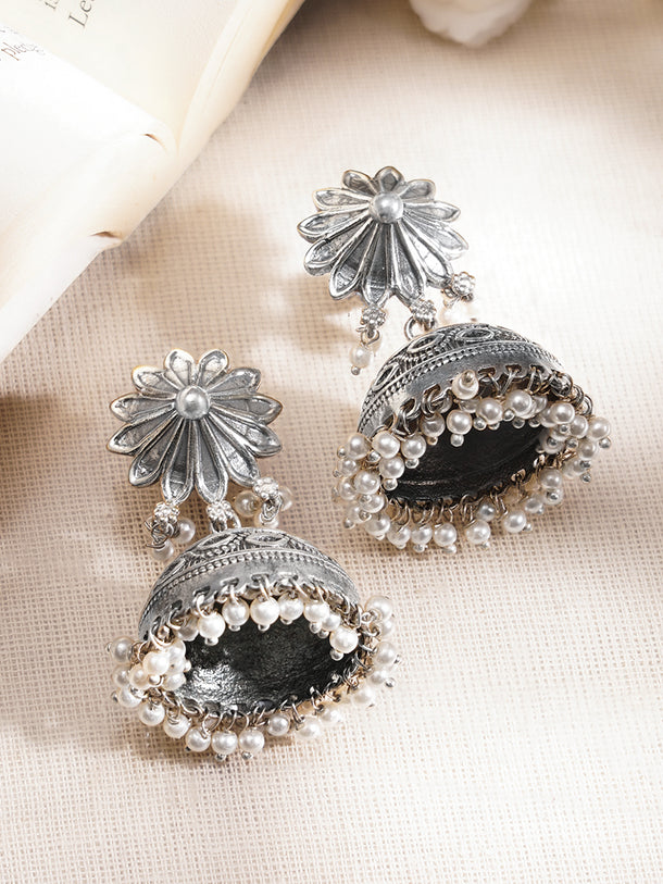 Oxidised Brass Floral Jhumka Earrings with White Pearl Hangings