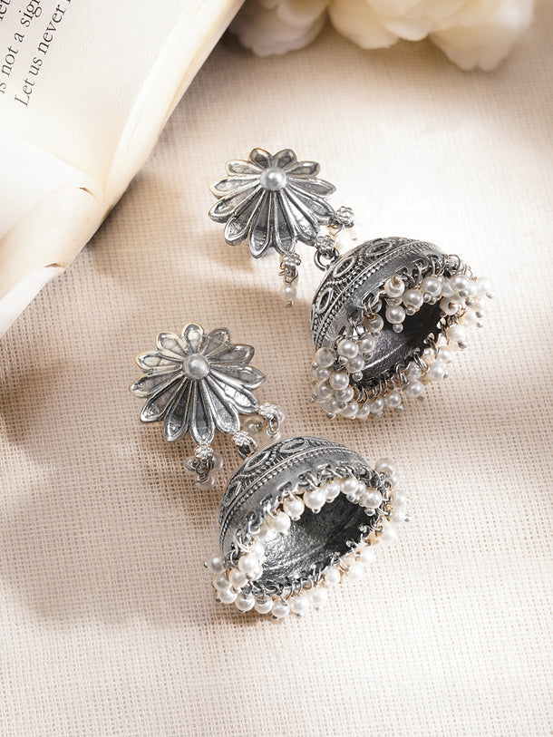Oxidised Brass Floral Jhumka Earrings with White Pearl Hangings