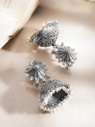 Oxidised Brass Floral Jhumka Earrings with White Pearl Hangings