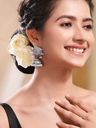 Oxidised Silver Tone Brass Jhumka Earrings with White Pearl Hangings