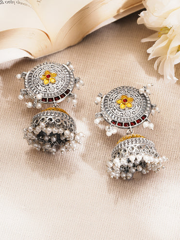 Oxidised Silver Tone Brass Jhumka Earrings with White Pearl Hangings