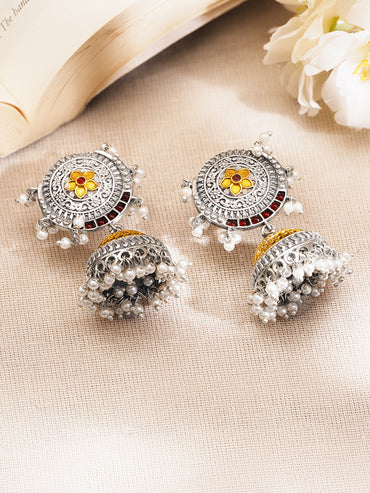 Oxidised Silver Tone Brass Jhumka Earrings with White Pearl Hangings
