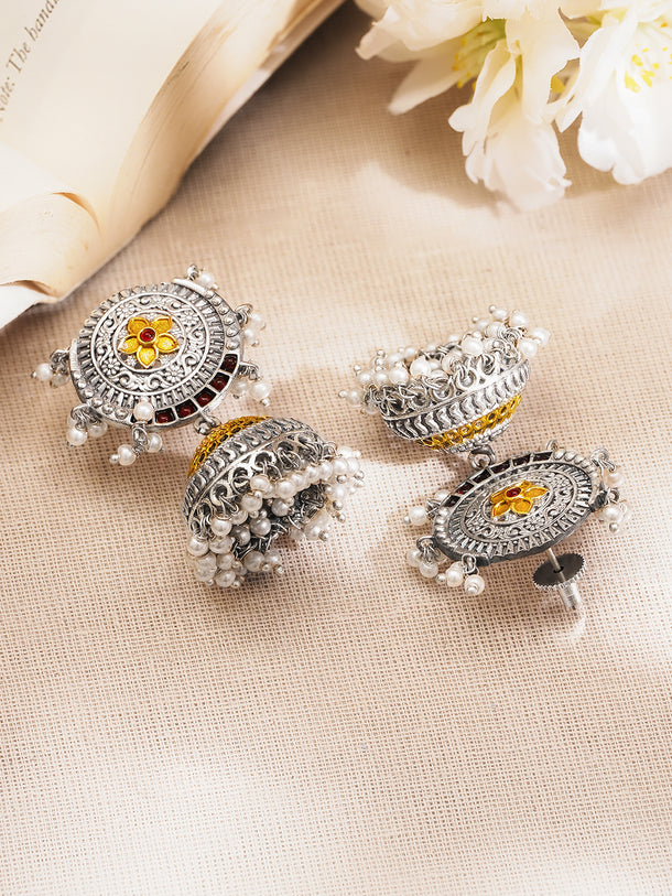 Oxidised Silver Tone Brass Jhumka Earrings with White Pearl Hangings