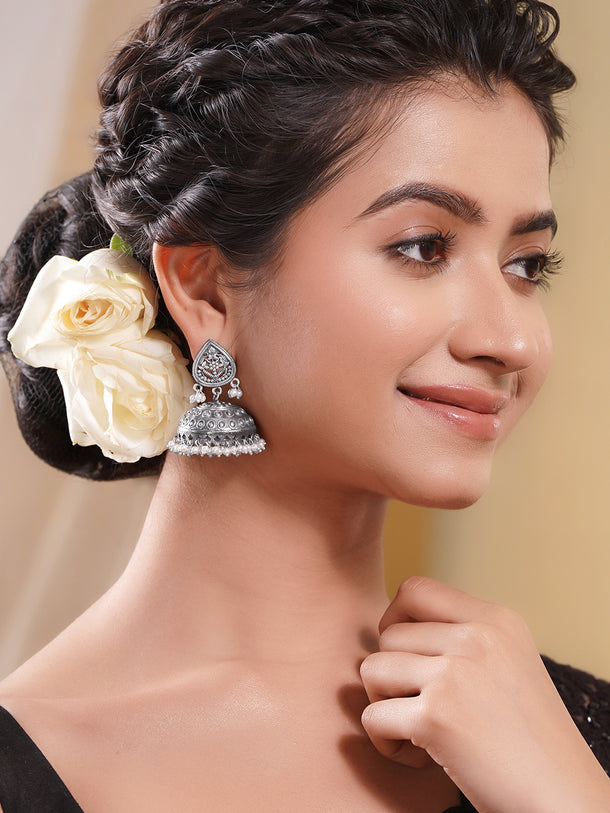 Oxidised Silver Tone Brass Dome Engraved Dome Traditional Jhumka Earrings