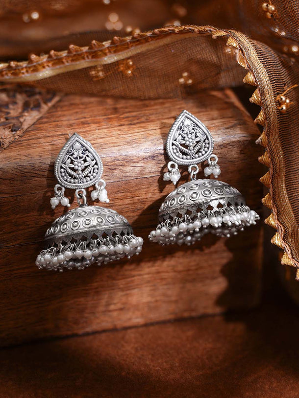 Oxidised Silver Tone Brass Dome Engraved Dome Traditional Jhumka Earrings