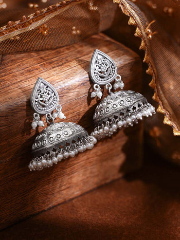 Oxidised Silver Tone Brass Dome Engraved Dome Traditional Jhumka Earrings