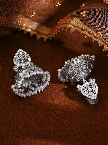 Oxidised Silver Tone Brass Dome Engraved Dome Traditional Jhumka Earrings