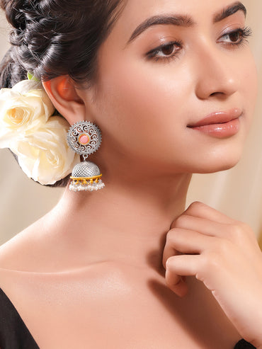 Oxidised Silver Tone Brass Pink Accents Pearl Jhumka Earrings