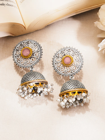 Oxidised Silver Tone Brass Pink Accents Pearl Jhumka Earrings