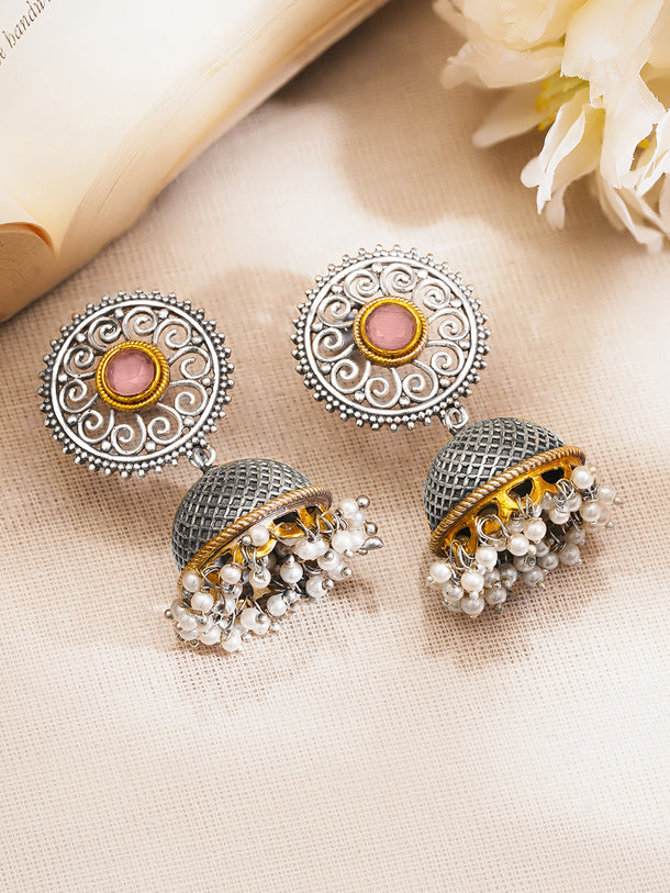 Oxidised Silver Tone Brass Pink Accents Pearl Jhumka Earrings