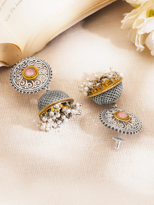 Oxidised Silver Tone Brass Pink Accents Pearl Jhumka Earrings
