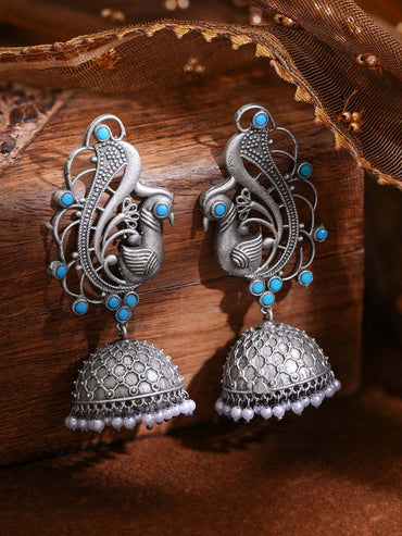 Oxidised Silver Tone Brass Blue Bead Pearl Peacock Jhumka Earrings