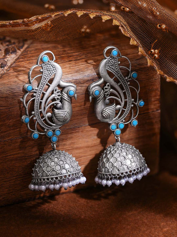 Oxidised Silver Tone Brass Blue Bead Pearl Peacock Jhumka Earrings
