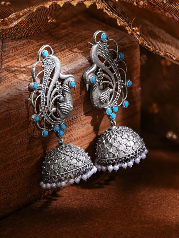 Oxidised Silver Tone Brass Blue Bead Pearl Peacock Jhumka Earrings
