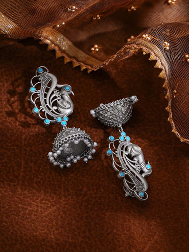 Oxidised Silver Tone Brass Blue Bead Pearl Peacock Jhumka Earrings