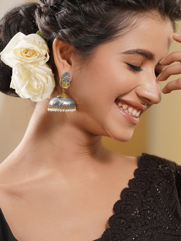 Dual Tone Oxidised Brass Peacock Pearl Beaded Jhumka Earrings