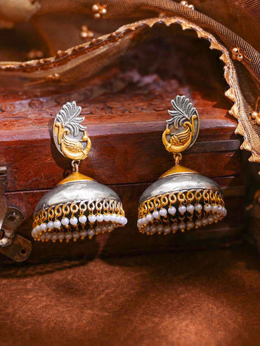 Dual Tone Oxidised Brass Peacock Pearl Beaded Jhumka Earrings