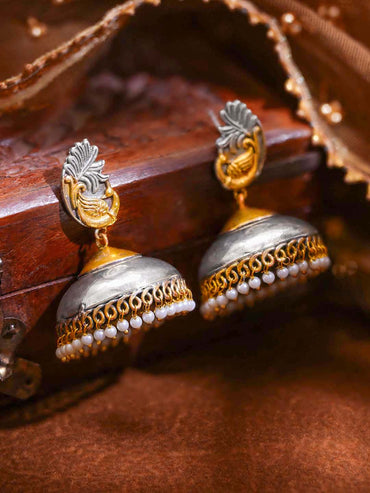 Dual Tone Oxidised Brass Peacock Pearl Beaded Jhumka Earrings