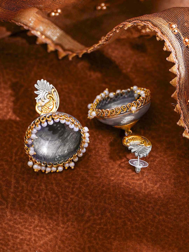 Dual Tone Oxidised Brass Peacock Pearl Beaded Jhumka Earrings