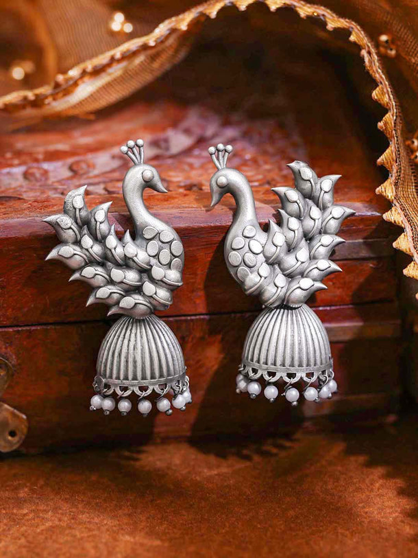 Oxidised Silver Tone Brass Peacock Motif Jhumka Earrings with Pearl Drops