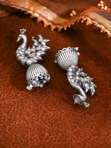 Oxidised Silver Tone Brass Peacock Motif Jhumka Earrings with Pearl Drops