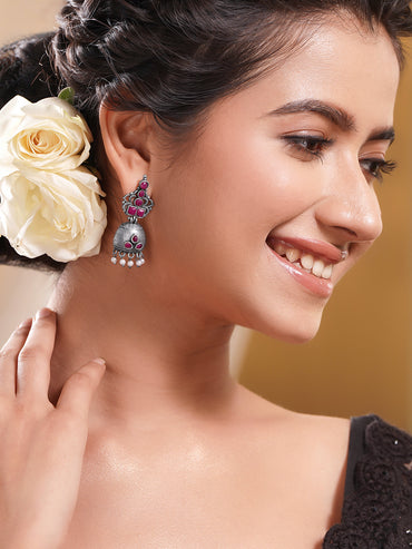 Oxidised Brass Ruby Pink Studded Pearl Drop Jhumka Earrings