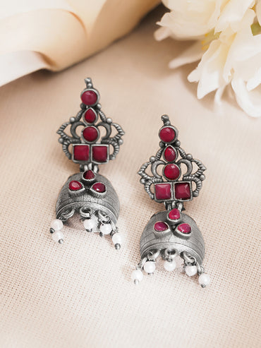 Oxidised Brass Ruby Pink Studded Pearl Drop Jhumka Earrings