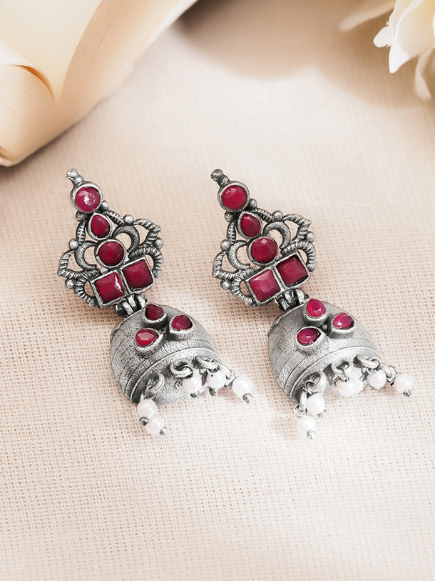 Oxidised Brass Ruby Pink Studded Pearl Drop Jhumka Earrings