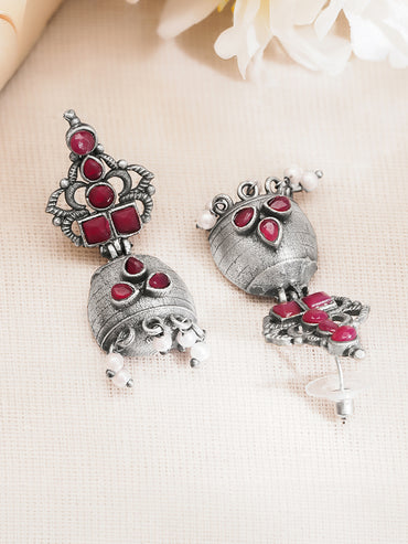 Oxidised Brass Ruby Pink Studded Pearl Drop Jhumka Earrings