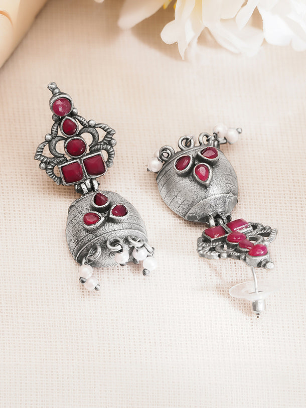 Oxidised Brass Ruby Pink Studded Pearl Drop Jhumka Earrings