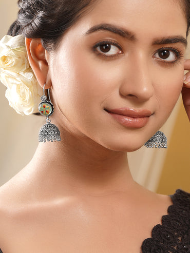 Oxidised Silver Tone Brass Multicolour Enamel Floral Jhumka Earrings