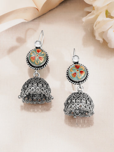 Oxidised Silver Tone Brass Multicolour Enamel Floral Jhumka Earrings